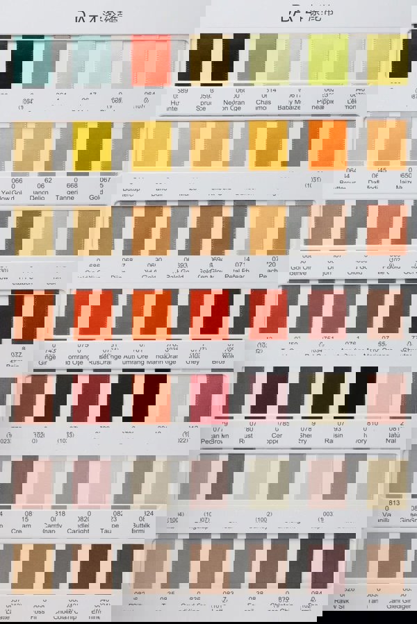 Color swatch chart with various color codes and names
