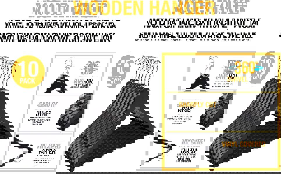 KAV Wooden Hangers with Steel Hook for Coat, Clothes, Trouser, Dress - Non-Slip, Slim, Space-Saving Hanger for Wardrobe Storage Home - 30 Pack (Black)