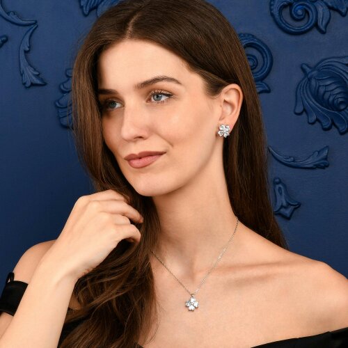 Zavana Silver Large Clover Stud Earrings With Heart Shaped CZ Stones