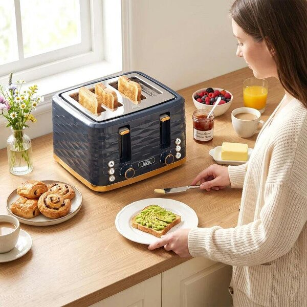Toaster, Toaster 4 Slice with 7 Browning Levels, High Lift, Reheat/Defrost/Cancel, Dark Blue
