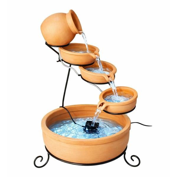 Gardenwize Solar Powered Cascading Terracotta Water Feature – 4 Tier Garden Fountain with Battery Backup