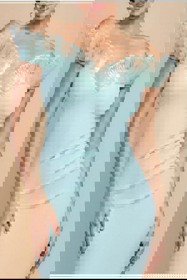 Fan Pleated Bardot Scuba Crepe Maxi Dress - Mint Green DR4070