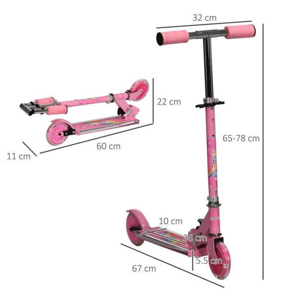 Pink kids scooter with adjustable height handlebar and rear brake detail