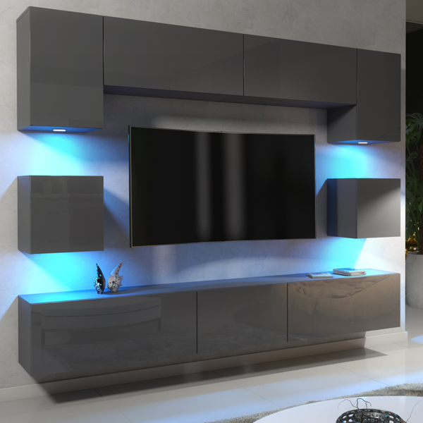 Mex Furniture Modern Wall TV Unit 9 Elements – Grey Matt Body and Grey Gloss Doors – Free RGB LED