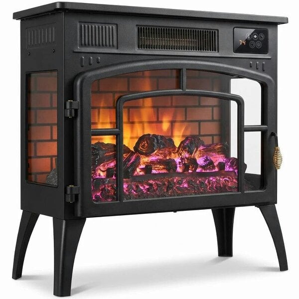 Smart Electric Fireplace Stove Log Burner, 3-Sided Glass WiFi Electric Fire Heater w/ 5-Colour Flame, Black