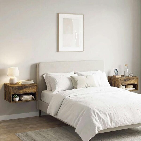 Set of Two Floating Bedside Tables - Rustic Brown