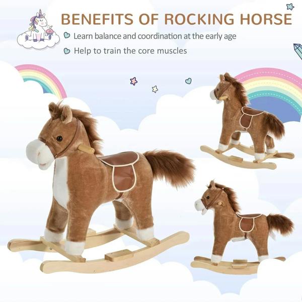 Kids brown plush rocking horse with white muzzle and belly, on wooden rockers, multiple views
