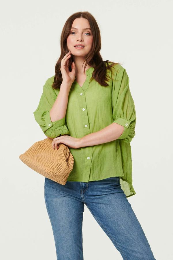 Green | Collarless Button Back 3/4 Sleeve Blouse