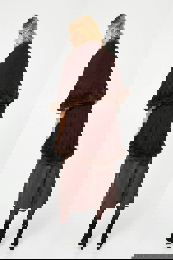 Brown | Faux Fur Trim Layered Poncho
