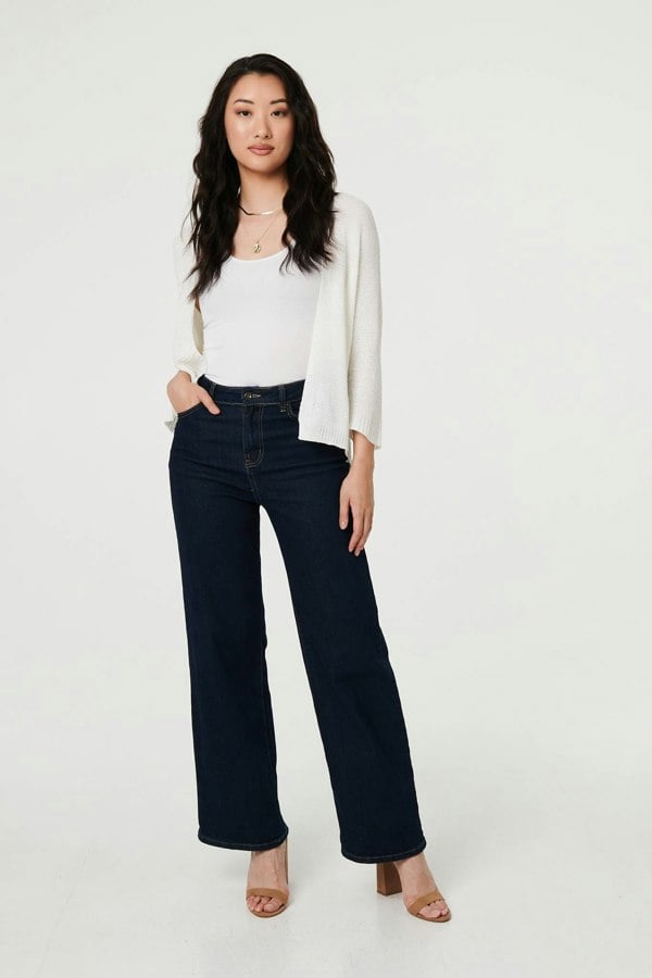 White | Mesh Cropped 3/4 Sleeve Open Cardigan