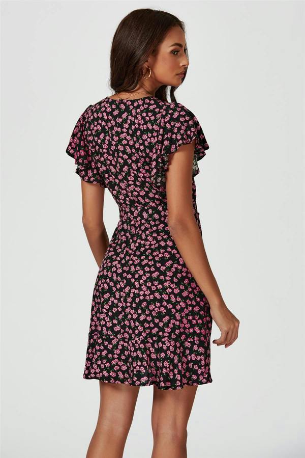 FS Collection Floral Print Wrap Top Dress In Black
