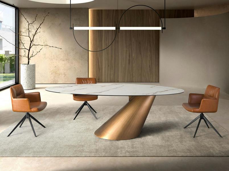 Angel Cerdá Oval dining table with porcelain marble and bronze-coloured steel barrel 1160