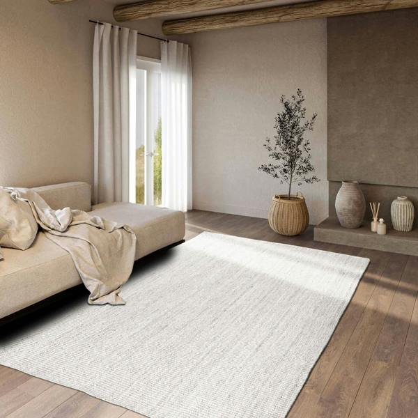 Modern living room with a beige sofa, white rug, and decorative elements.