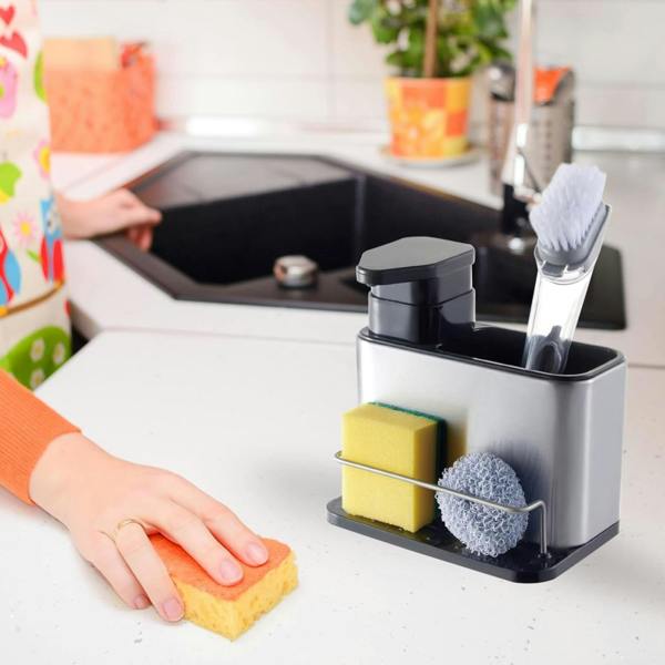 Top 3 Kitchen Sink Organiser with 340ml Soap Dispenser Pump Silver