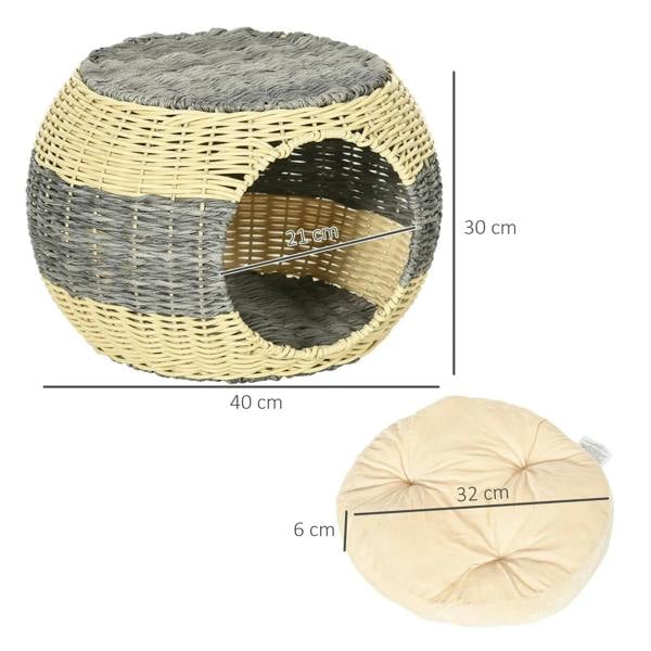 Wicker cat house with cushion, shown dimensions 40 x 30 cm (height and entrance labeled).