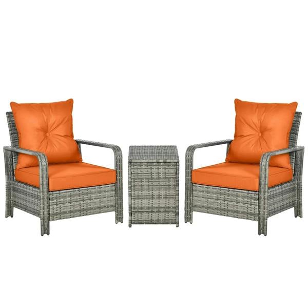 3-piece rattan bistro set with 2 gray wicker chairs and an orange-cushioned storage coffee table