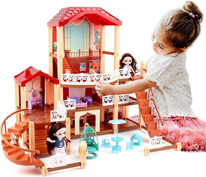 deAO Toys Dream Dolls House Playset for Kids 3-Story Castle Dollhouse 2 Dolls Toy Figures 14 PCs Furniture Accessories Multiple Assembly Toy Gift