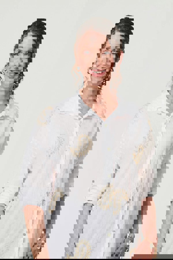 White | Embroidered 3/4 Turn-Up Sleeve Shirt
