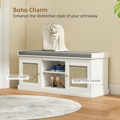 Wyld Haus Bafisa Wooden White Boho Shoe Bench With Cushioned Seat And Rattan Doors