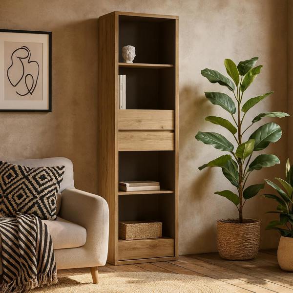 Wyld Haus Athens Natural Oak Wood Effect Tall Narrow 3 Drawer Bookcase