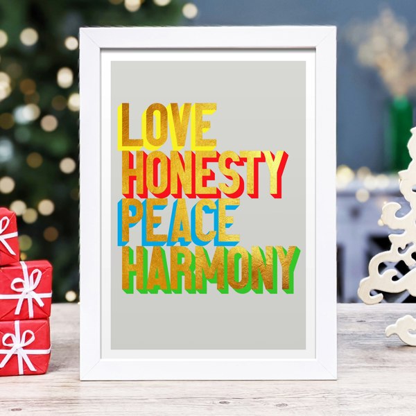 Hands & Hearts Love Honesty Peace Harmony golden words art print