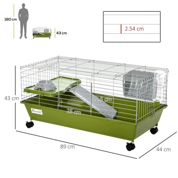 Green small animal enclosure with ramp and platform, gray water bottle, and four caster wheels