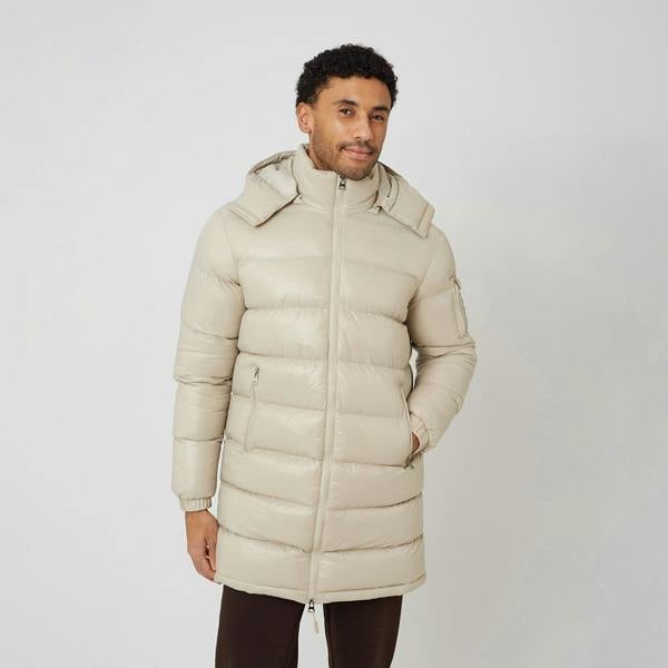 Brave Soul Stone Longline Hooded Padded Puffer Jacket - Stone Image 1