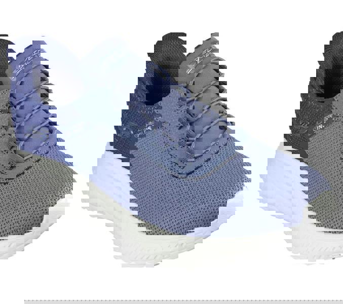 Skechers Bobs Squad Chaos Tough Walk Mens Slip-Ins Casual Trainers, blue athletic sneaker with a mesh upper, lace-up design, and white cushioned sole.