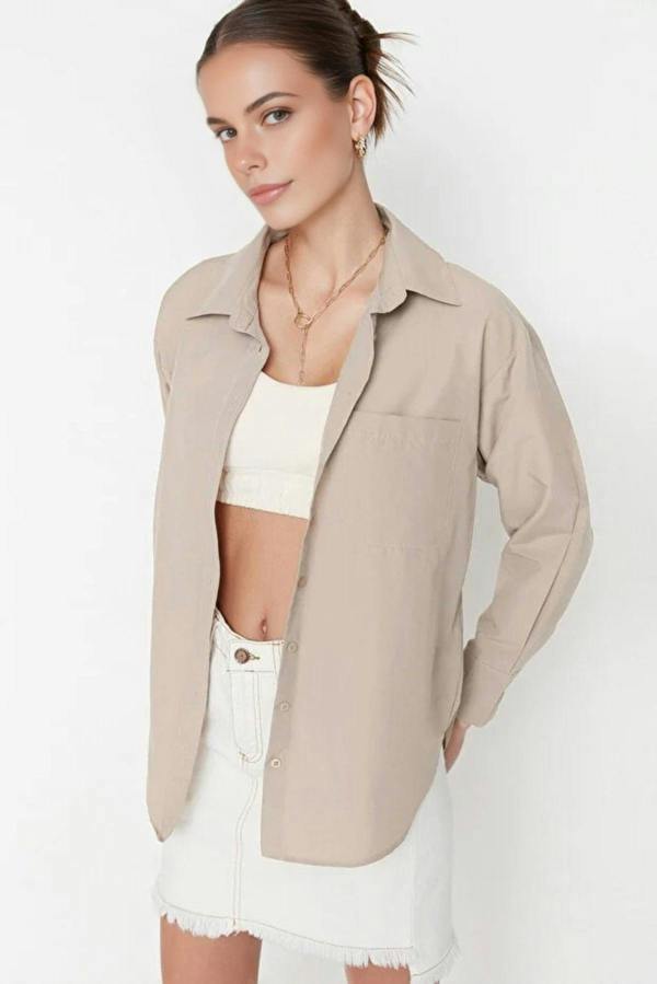 WOVCOR Single Pocket Boyfriend Cotton Woven Shirt