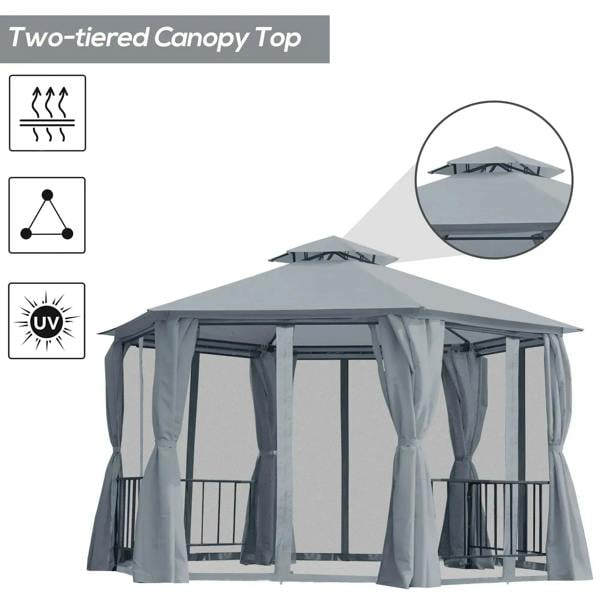 Grey hexagon gazebo with two-tier canopy top and hanging curtains with side openings
