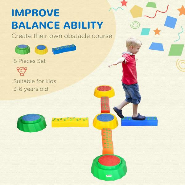 Eight-piece stepping stones course with multicolour pads, including round and long bars