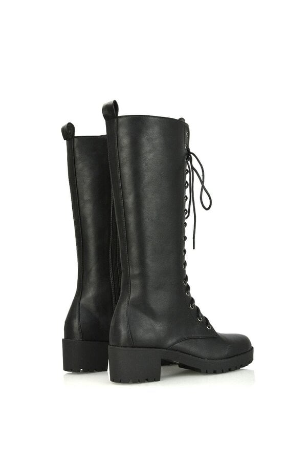 XY LONDON Lace Up Block High Heel Knee High Biker Boots