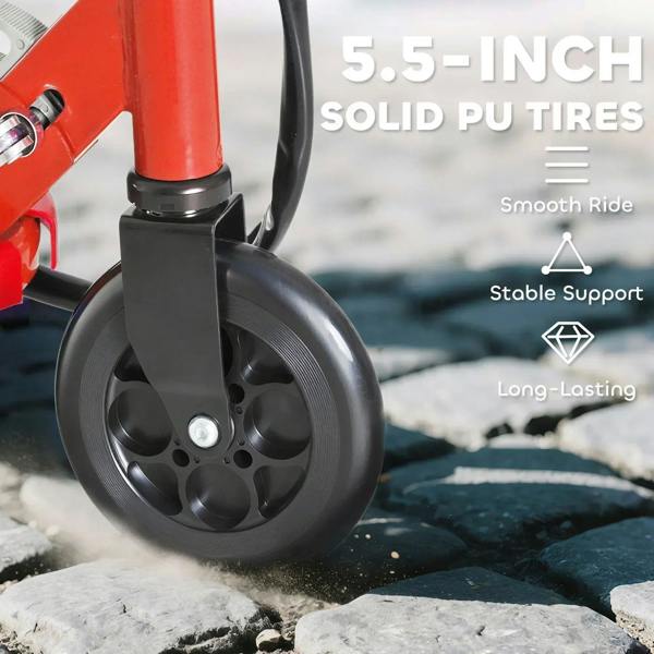 Front wheel of red electric kids scooter with solid PU tire