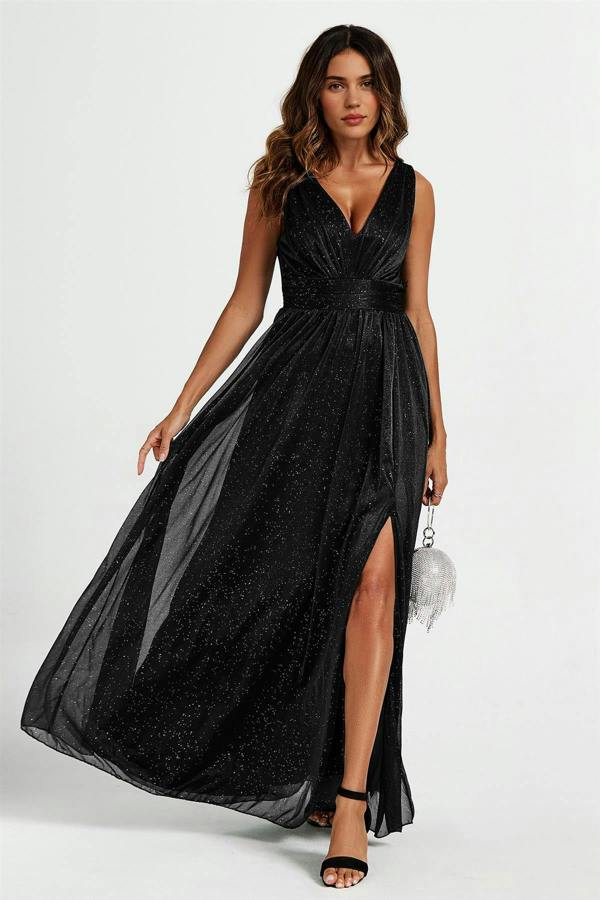 FS Collection Sparkly V Neck Bridesmaid Maxi Dress In Black
