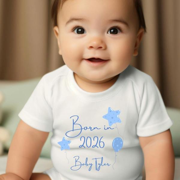 Personalised Born in 2026 Blue Balloons  Baby Grow, Vest or Bib with Name