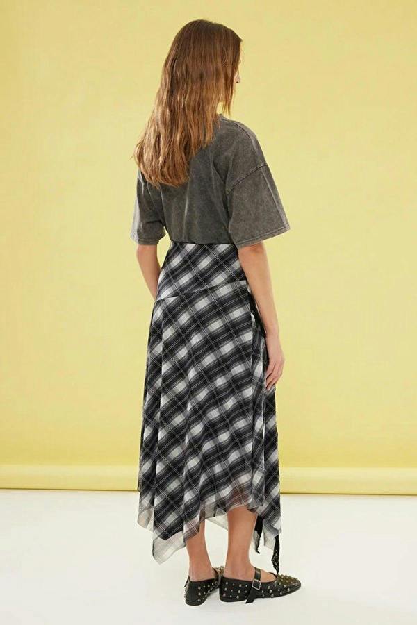 WOVCOR Elastic Skirt with Argyle Pattern & Tulle Lace Detail