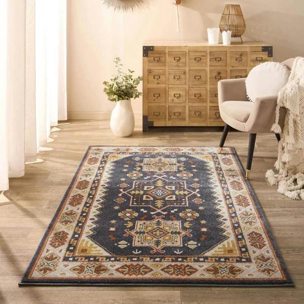 Decorative rug with geometric pattern in a living room setting