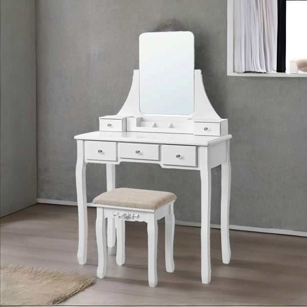 Rafaelo Mobilia 5 Drawer White Dressing Table With Mirror And Stool