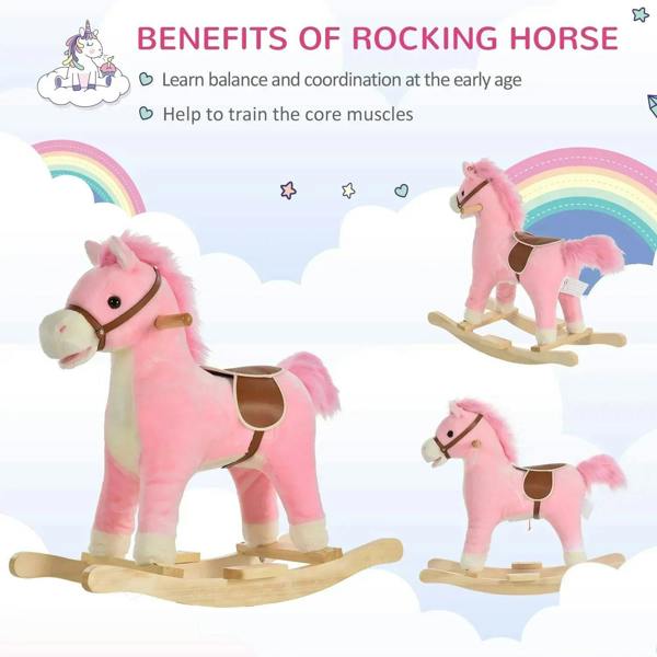 Pink plush rocking horse on wooden rockers with brown saddle and fluffy mane