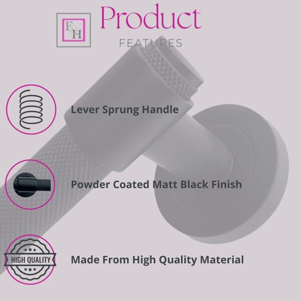 EDH Door Hardware Knurled Door Handles Matt Black Loop & Neck Lever on Round Rose Latch