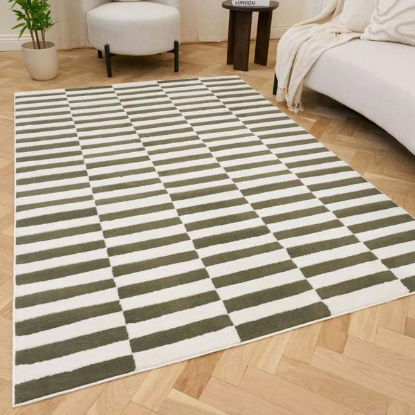 Green Striped Rug Noise-Reducing, Textured Pile