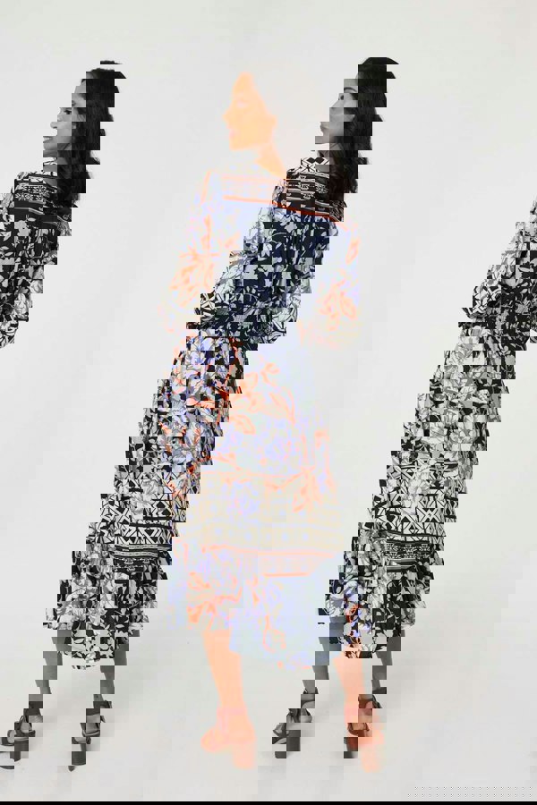 Navy | Floral Border Print V-Neck Midi Dress