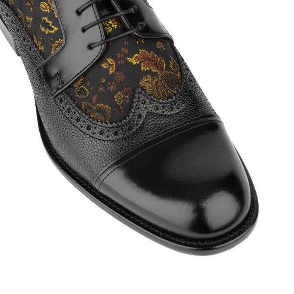 Embassy London Orlando - Black & Yellow Flowers - Men's toe cap dressy black shoe with flower print leather