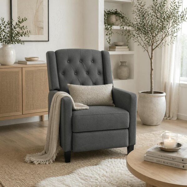 Wyld Haus Lino Microfibre Deep Grey Button Tufted Recliner Armchair With Leg Rest