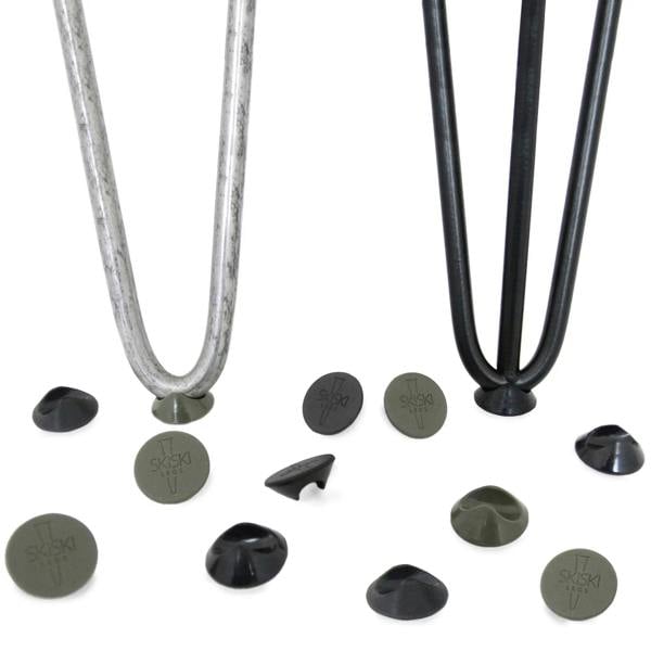 Grey 10mm hairpin leg feet protectors in a pack, featuring round and triangular shapes, designed to prevent scratches on floors
