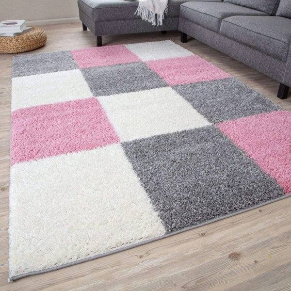 Geometric Design Thick Shaggy Area Rugs Pink