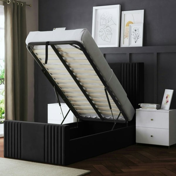 DS Living Elara Ottoman Bed with Winged Panel Headboard - Black - Single / 3ft