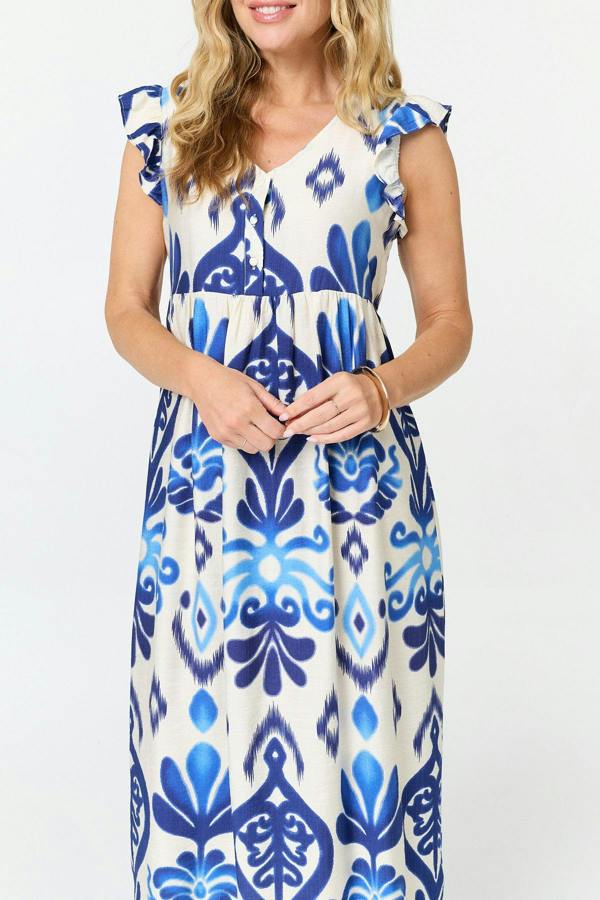 Blue | Printed Cap Sleeve Relaxed Maxi Dress