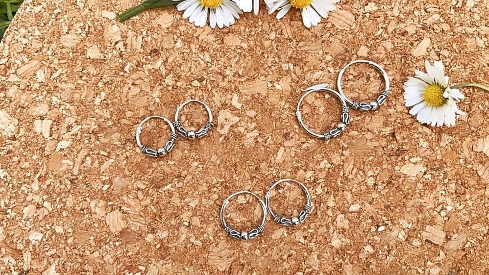 The Colourful Aura Silver Sterling Oxidised Wired Ball Tribal Dainty Slim Ethnic Hoop Earrings