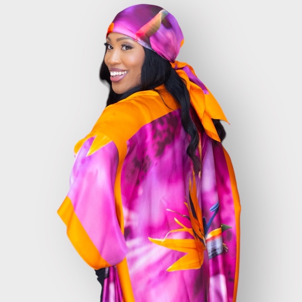 Women's Bird of Paradise Pink Purple Plus Size and Mid Size Silk Kimono styled with a matching headscarf for a trendy look.